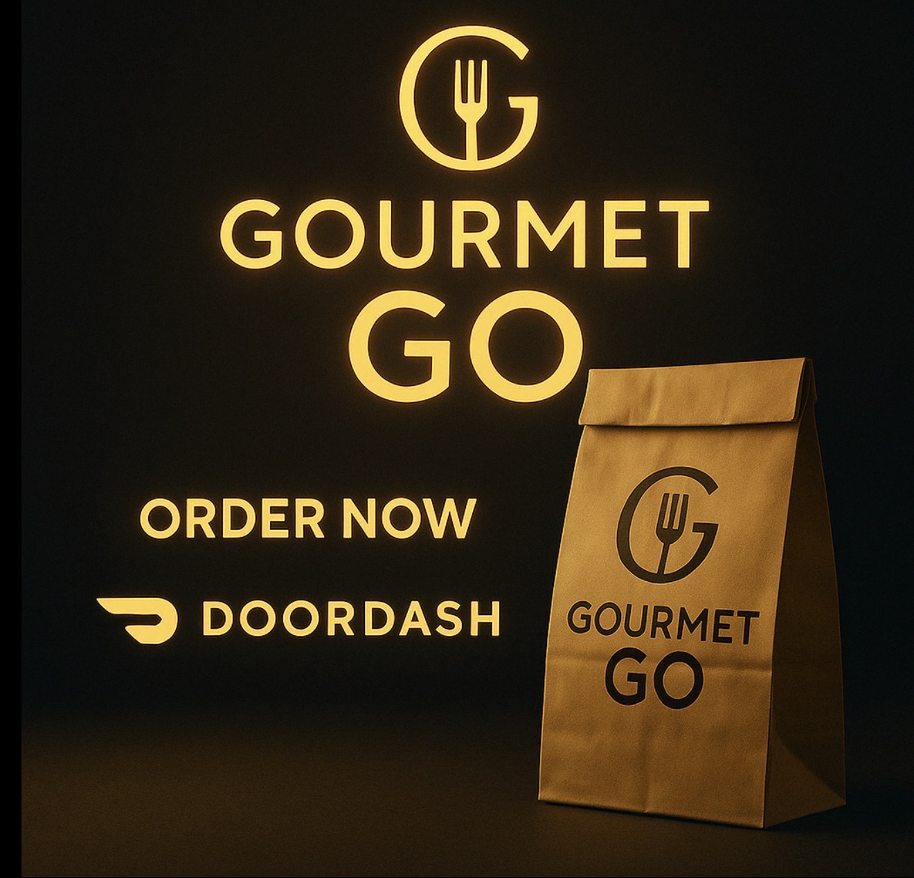 Gourmet Go logo glowing above a branded paper takeout bag