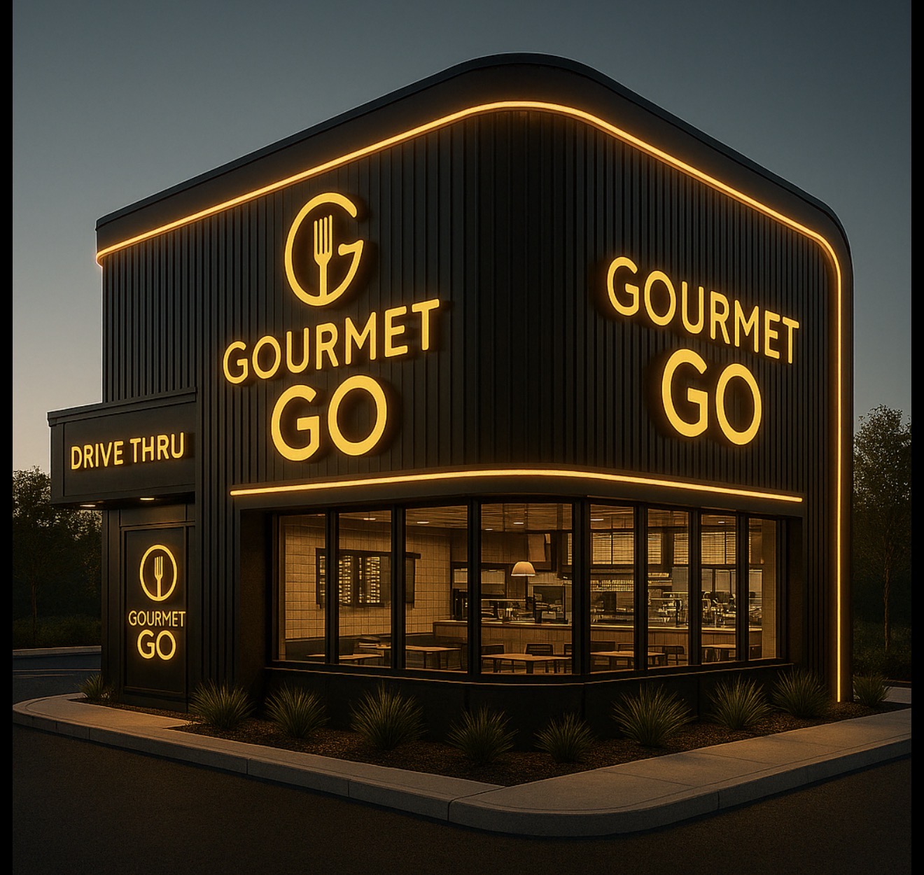 Gourmet Go restaurant at dusk with glowing gold signage and a drive-thru lane