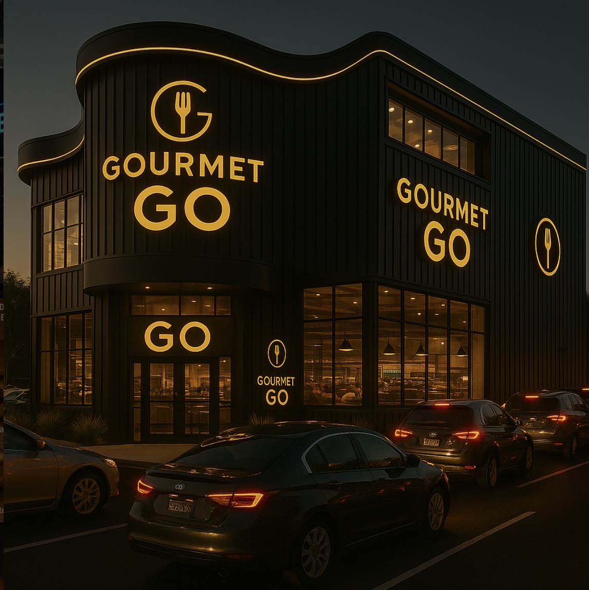 Cars lined up outside the Gourmet Go restaurant at night
